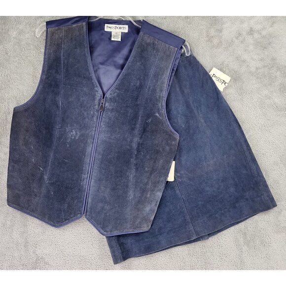Passports Vest Skirt Set Womens Medium Blue Leather Full Zip Vintage Knee Length